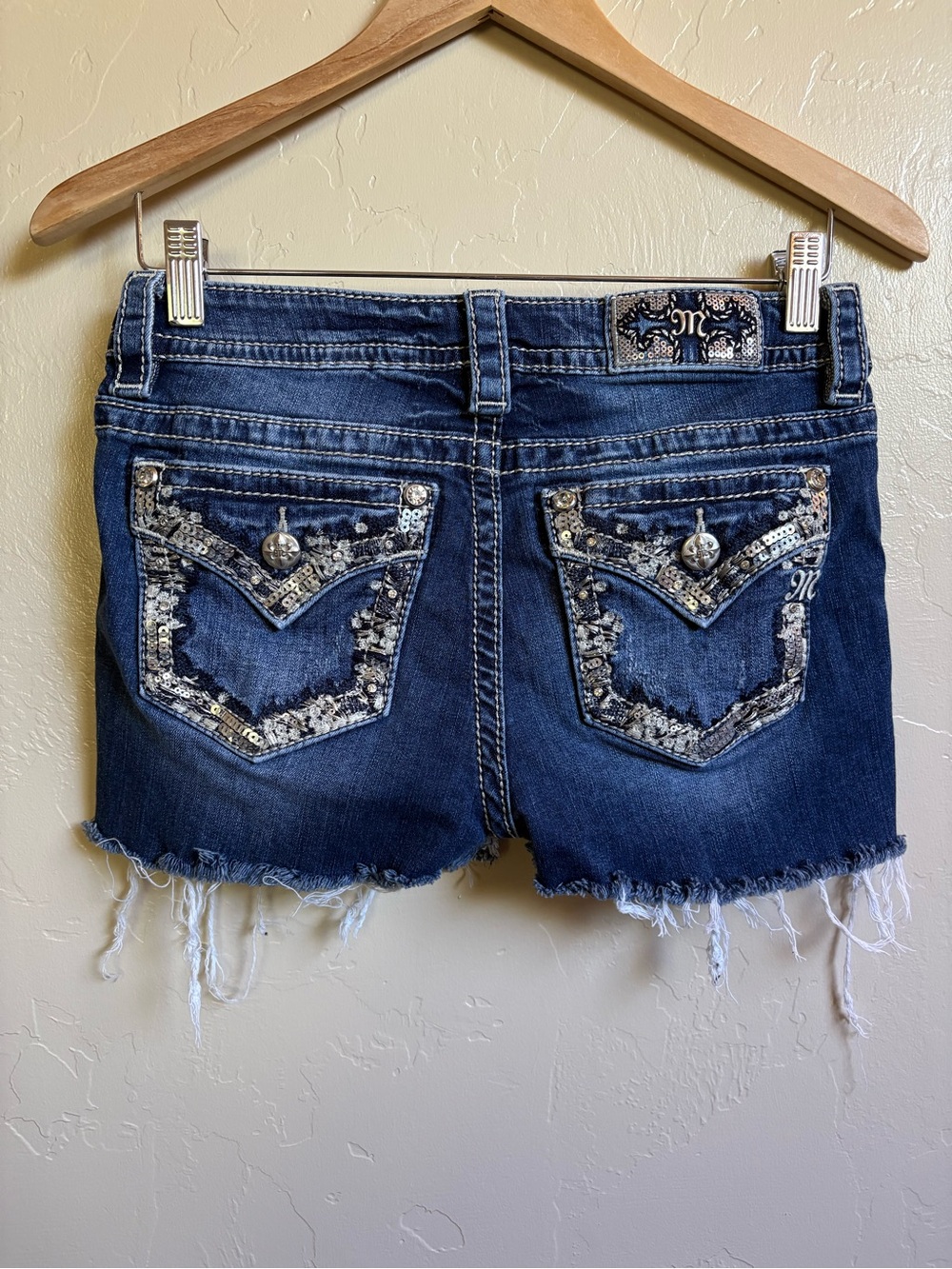 Miss Me Cut Off Frayed Bedazzled Flap Pockets Jean Shorts Blue Size 27 Sequins